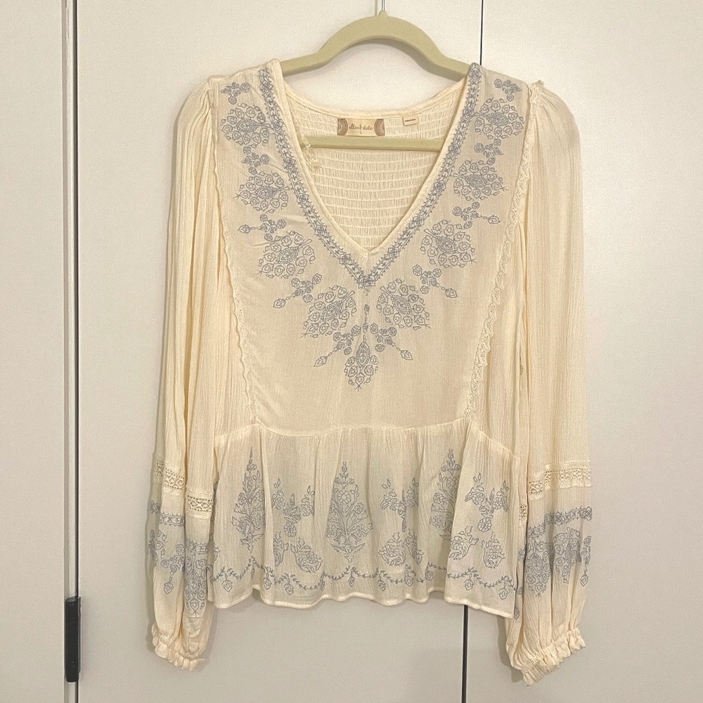 Altar D'State Peplum Blouse Cream Beige | Women's Large Boho Babydoll